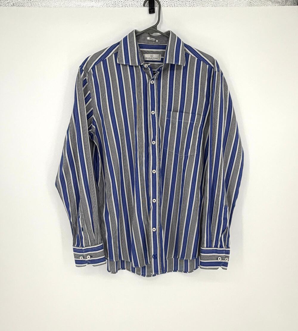 Bugatchi Uomo Mens M Shaped Fit Blue Striped 100% Cotton Long Sleeve Shirt